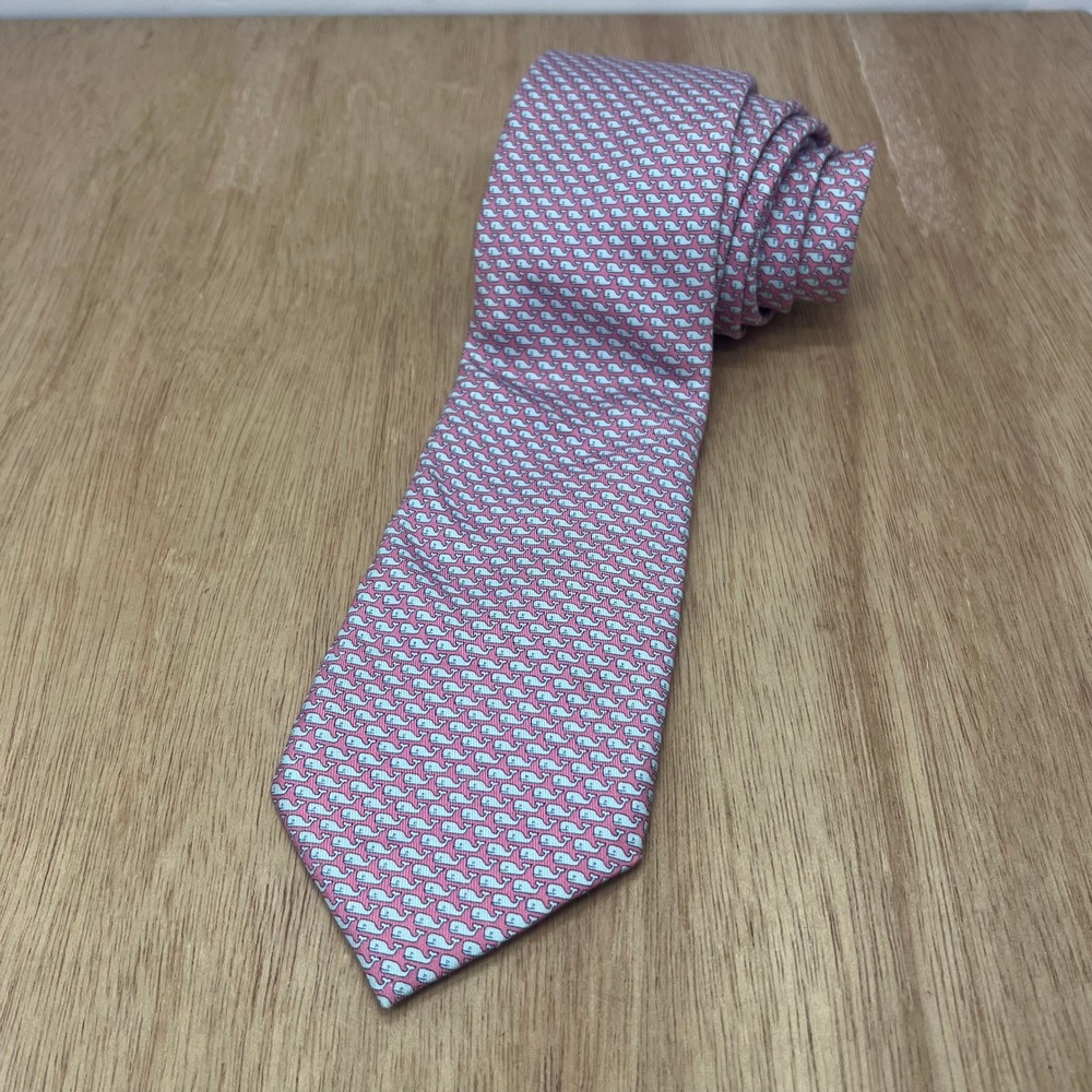 Vineyard Vines Tie Men One Size Pink Whale Geometric 100% Silk Made in USA